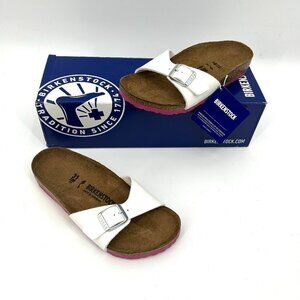 NIB BIRKENSTOCK Girl's Madrid Patent Leather White Pink Slip On Sandals Size 13
